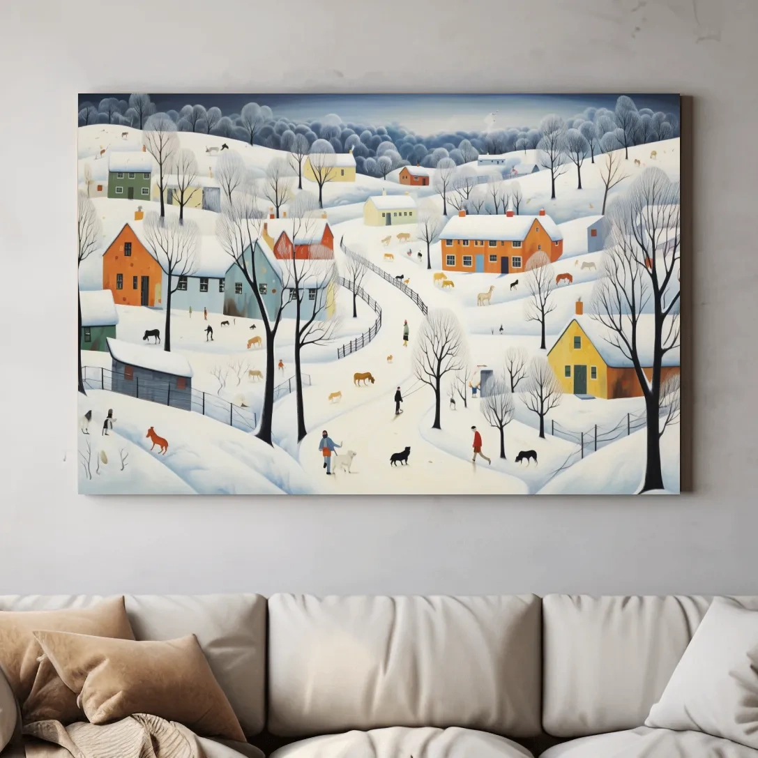 Quirky painting of a mountain village in the snow