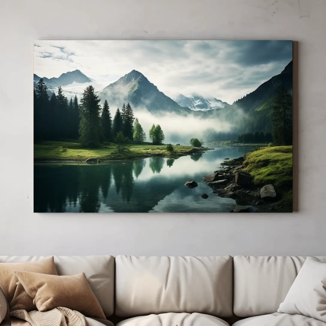 Misty Alpine Lake Reflection Landscape - Mountain Forest Photographic Wall Art