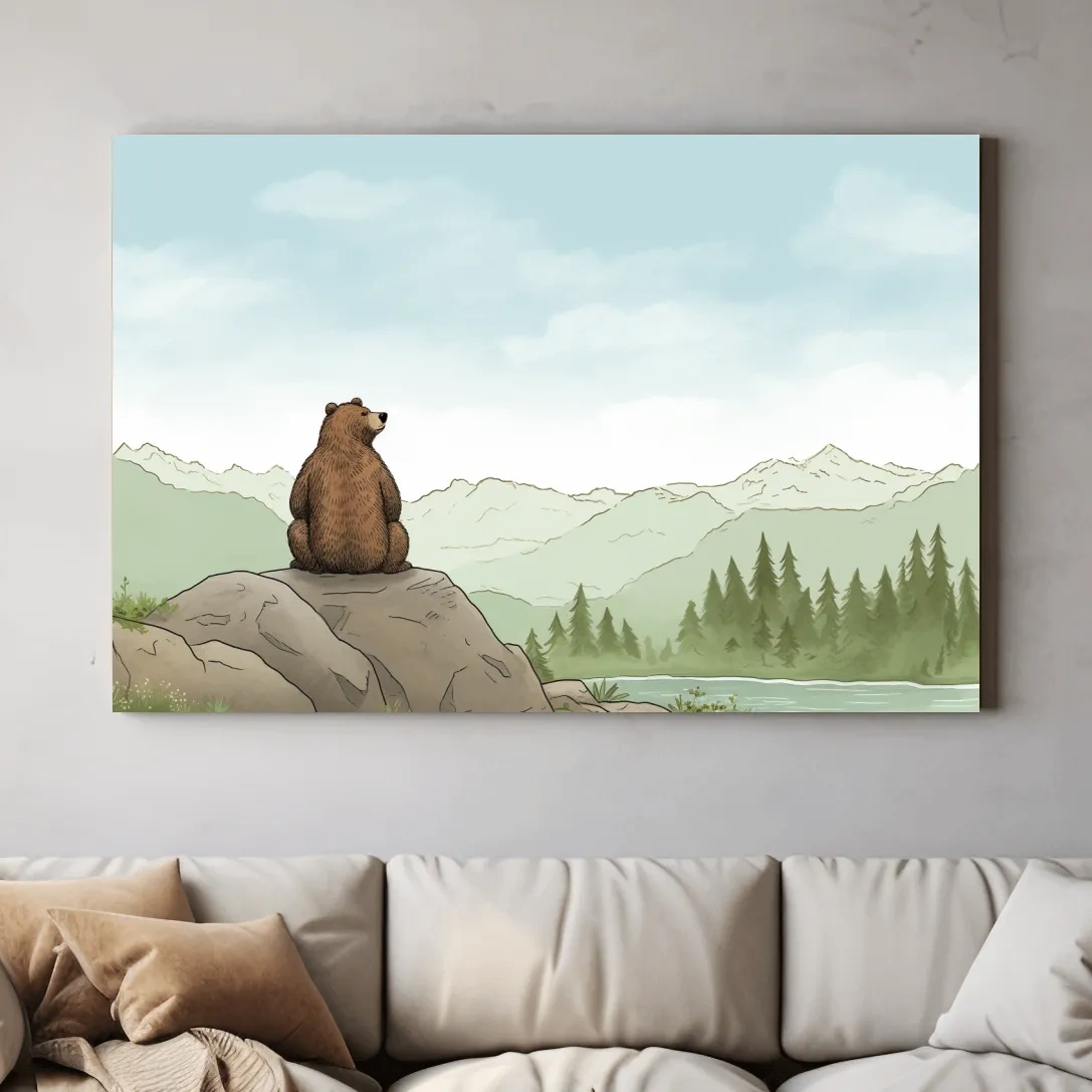 Whimsical Bear Overlooking Mountains - Cute Illustrated Nursery Wall Art