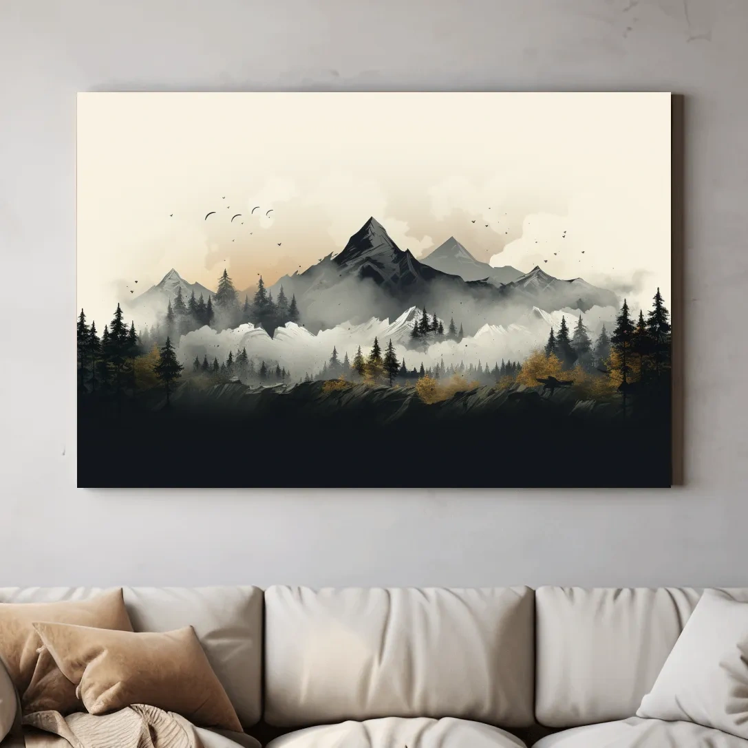Misty Mountain Range With Pine Forest Illustration - Moody Landscape Wall Art