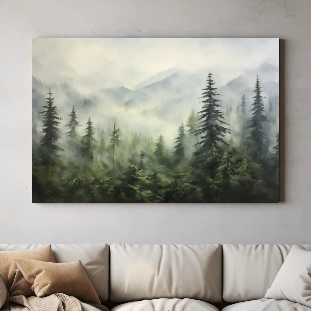 Misty Evergreen Forest Mountains Watercolor - Serene Foggy Landscape Artwork