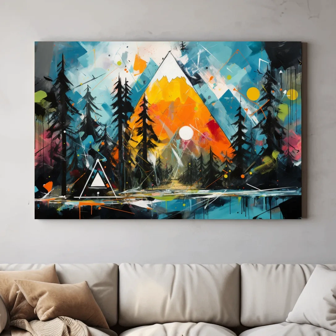 Vibrant Abstract Mountain Sunrise With Pine Forest - Energetic Landscape Wall Art