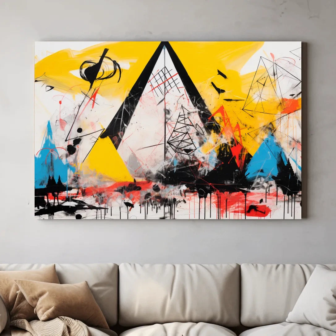 Abstract energetic graffiti style geometric mountain painting