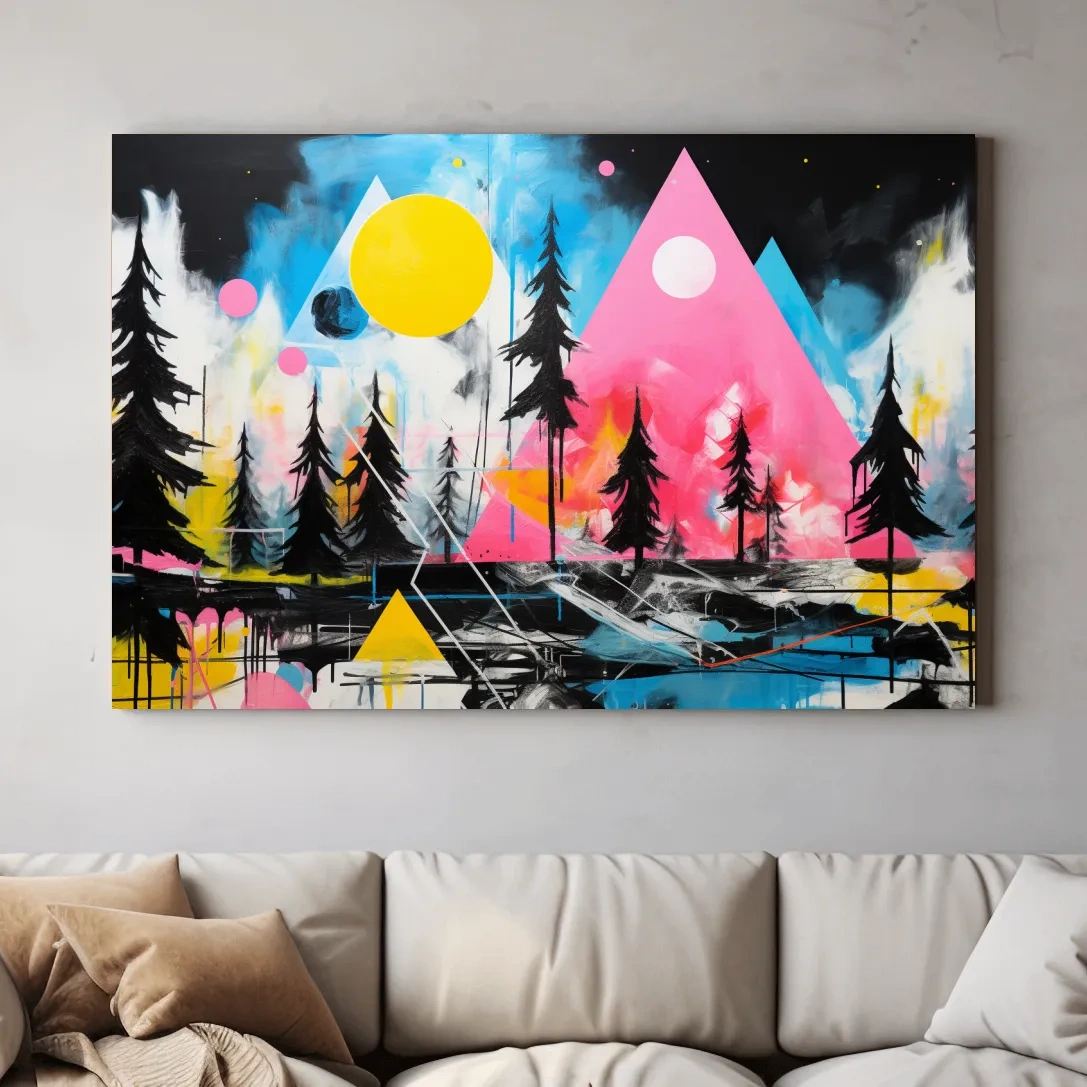 Abstract acrylic painting, mountain shapes and trees
