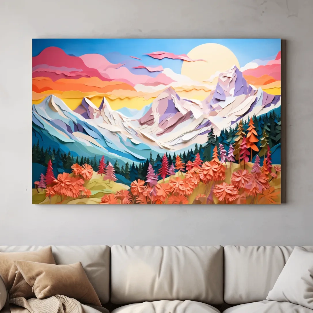 Layered 3D Paper Cut Mountain Sunrise Landscape - Colorful Alpine Meadows Wall Art Print