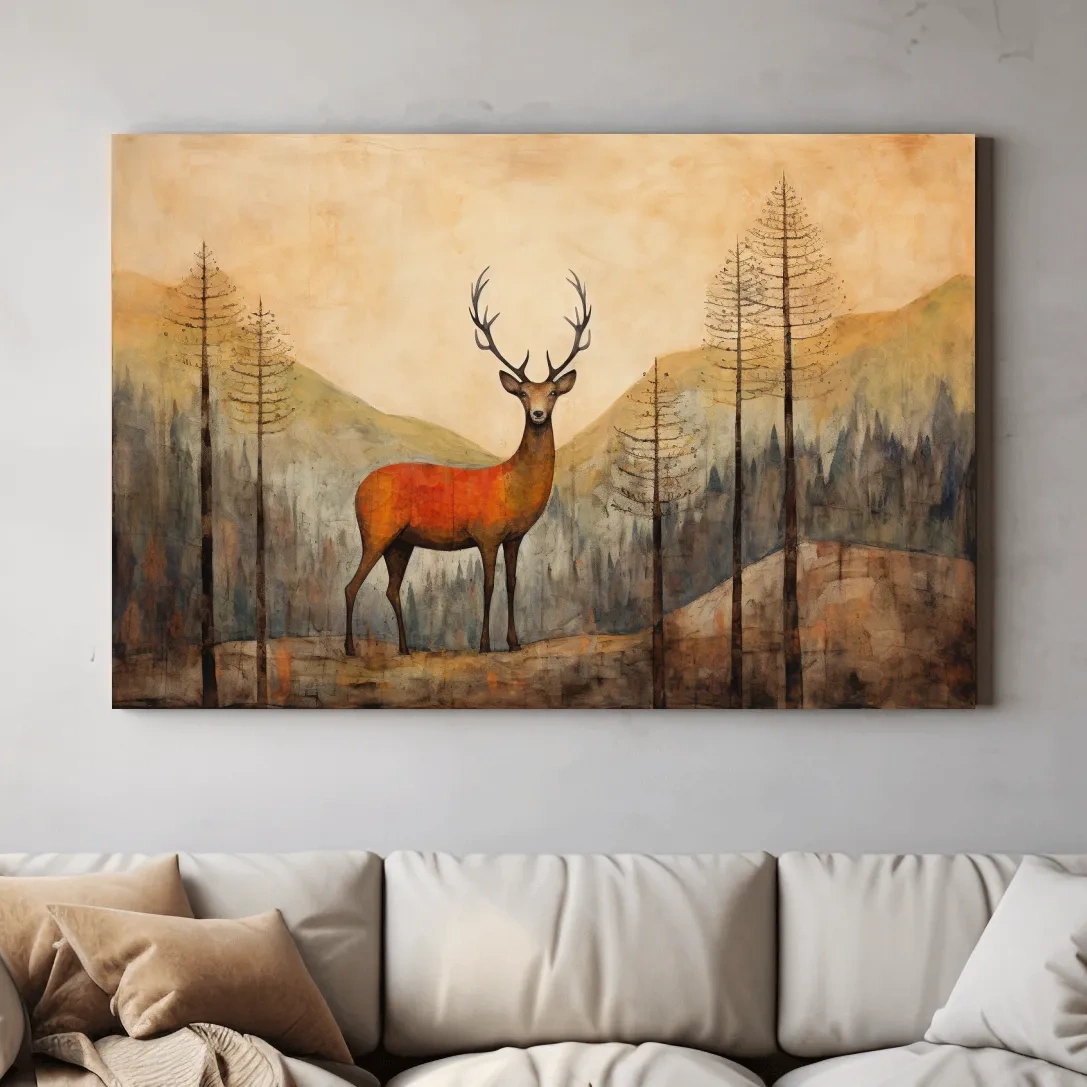 Rustic Woodland Stag Watercolor Painting - Autumn Mountain Forest Wildlife Wall Art