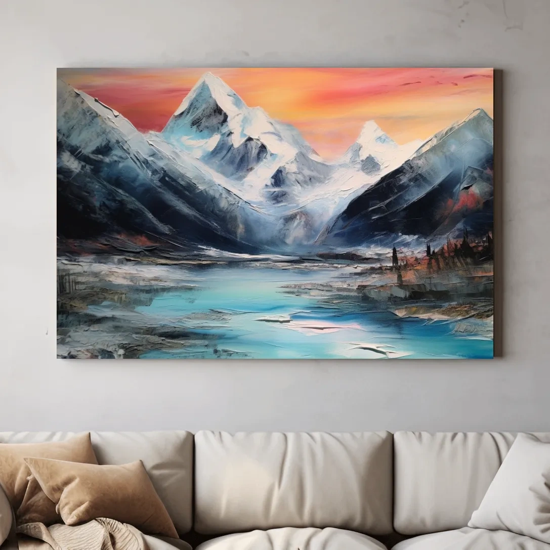 Bold oil painting of a glacier at sunset