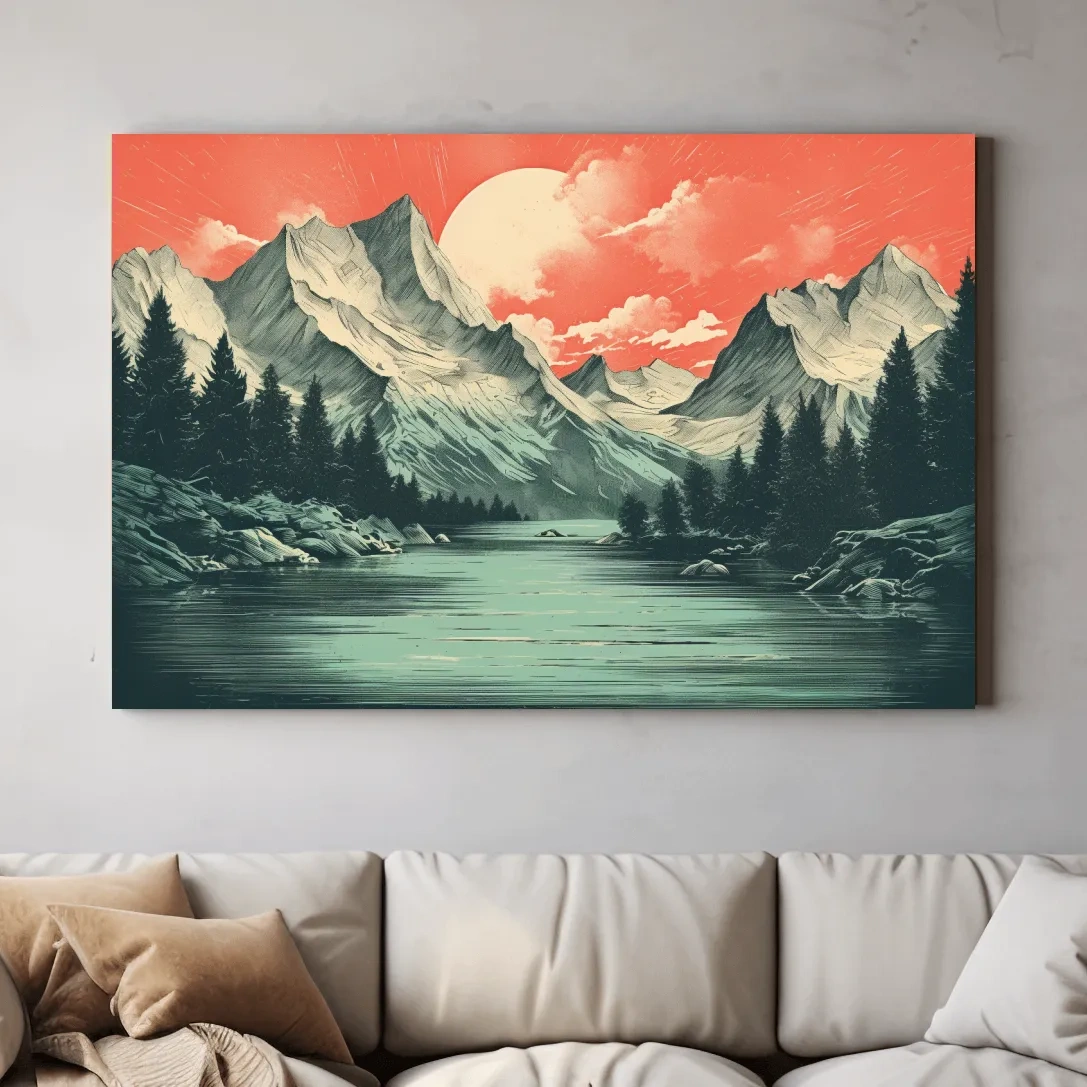 Retro Alpine Mountain Lake Sunset - Vintage Risograph Landscape Wall Art