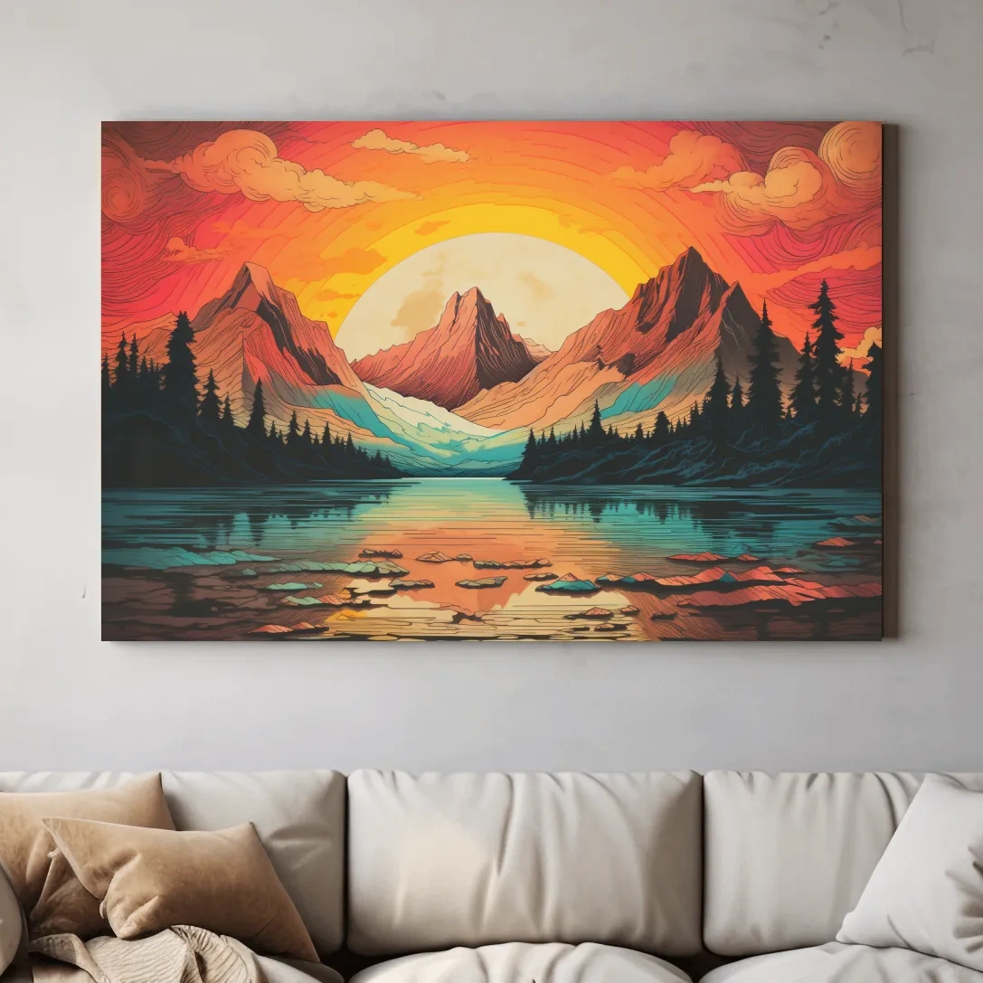 Vibrant illustration of sunset over an alpine lake