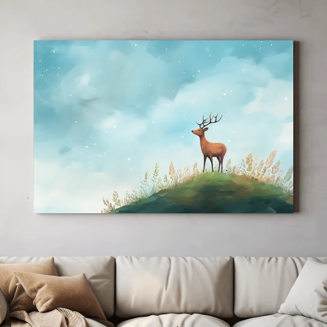 Whimsical Watercolor Stag On Meadow Hill - Nursery Woodland Wildlife Wall Art