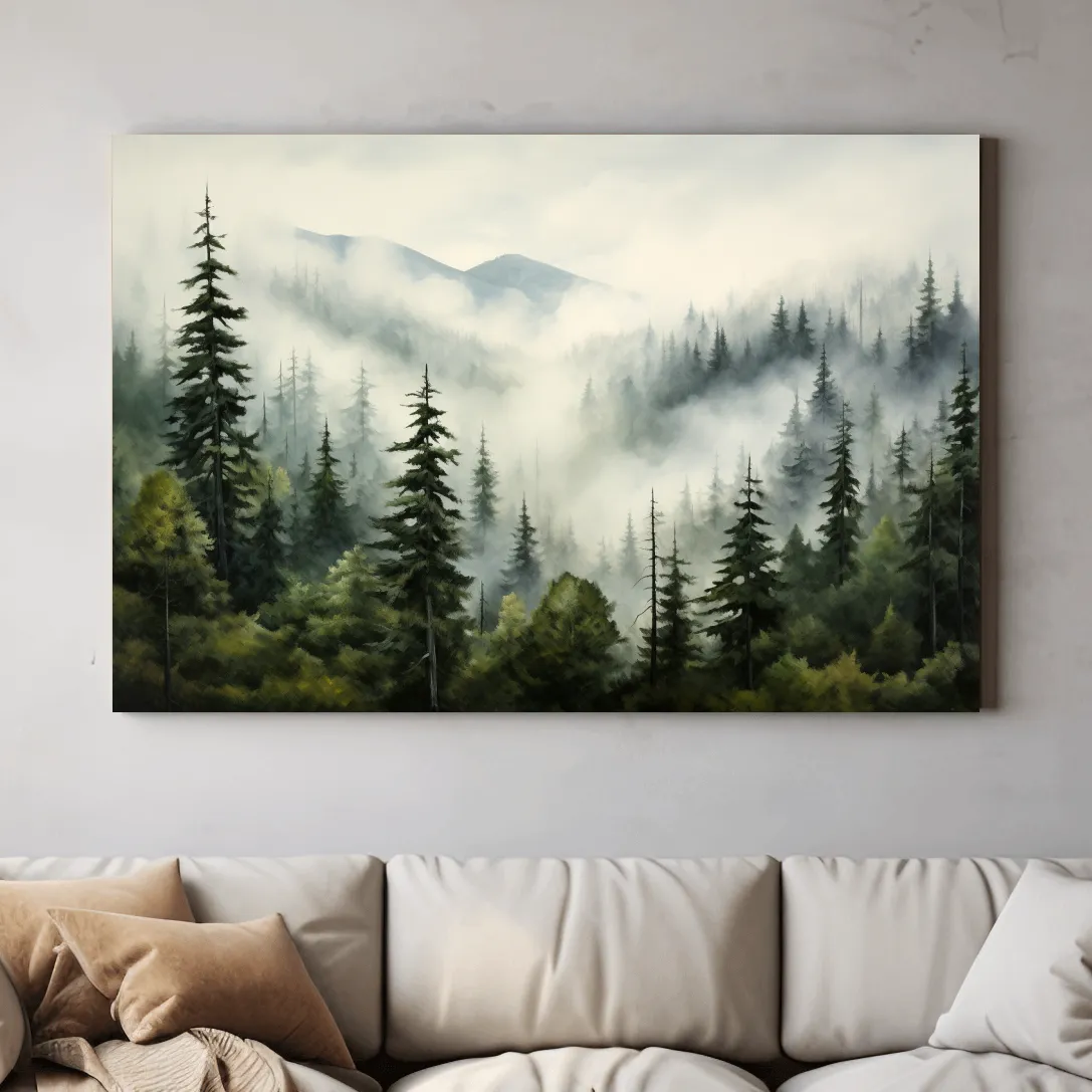 Painting of morning fog rolling through the forest