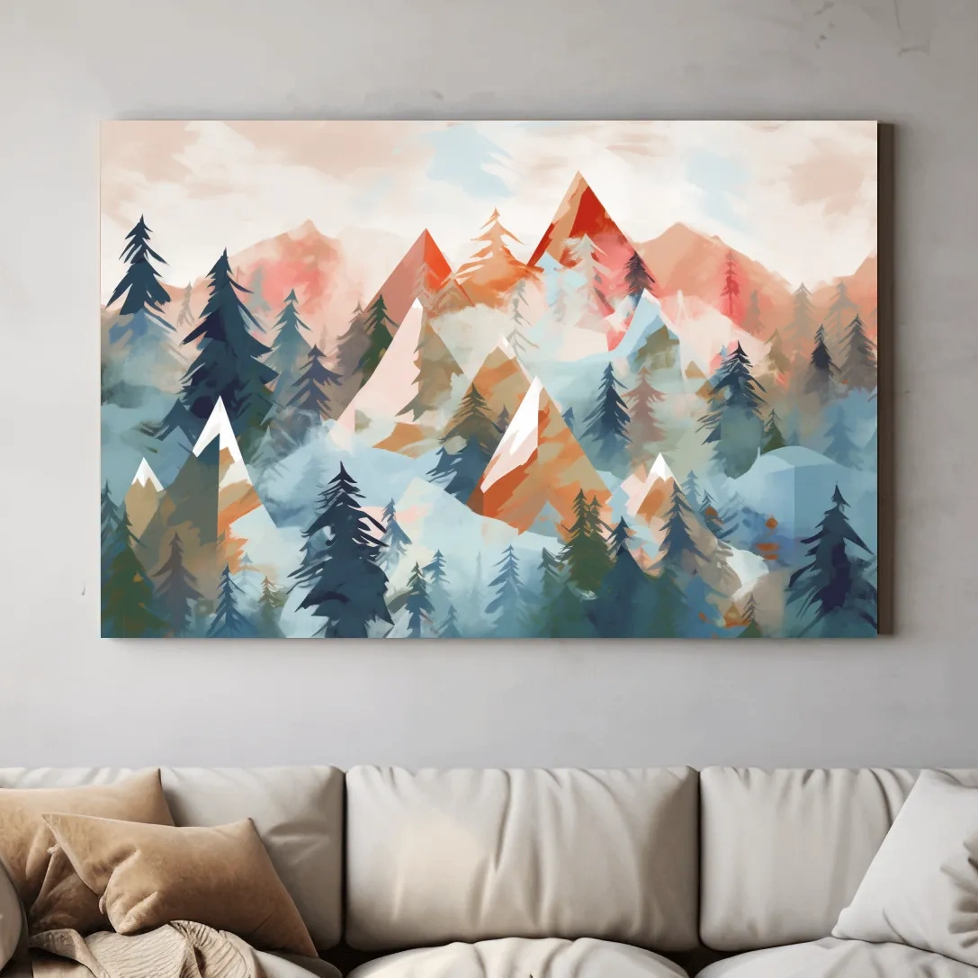 Pastel geometic alpine forest mountain painting