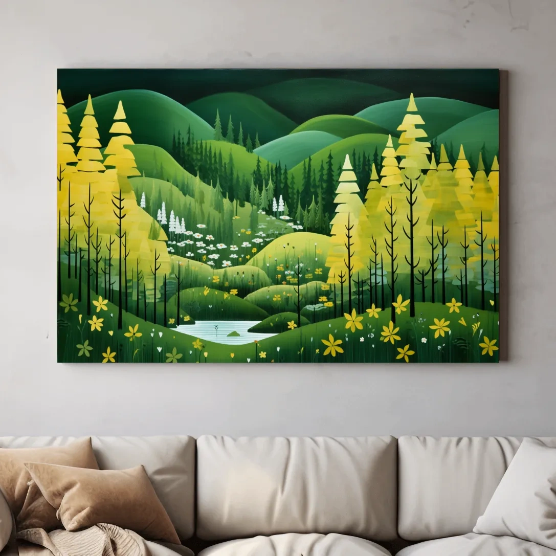 Painting of a pine autumn forest and rolling green hills
