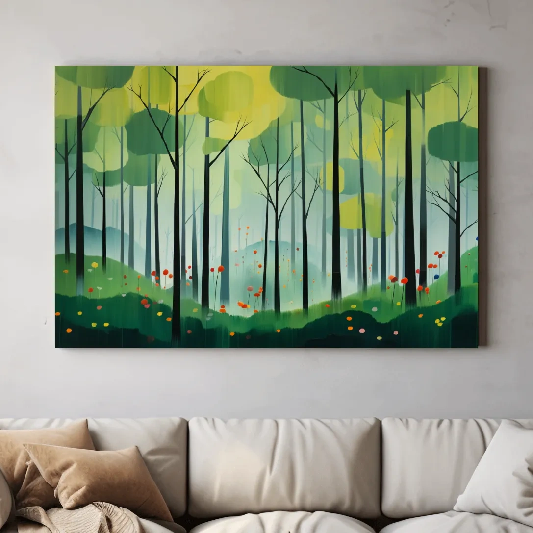 Whimsical Misty Forest Grove Illustration - Woodland Landscape Wall Art