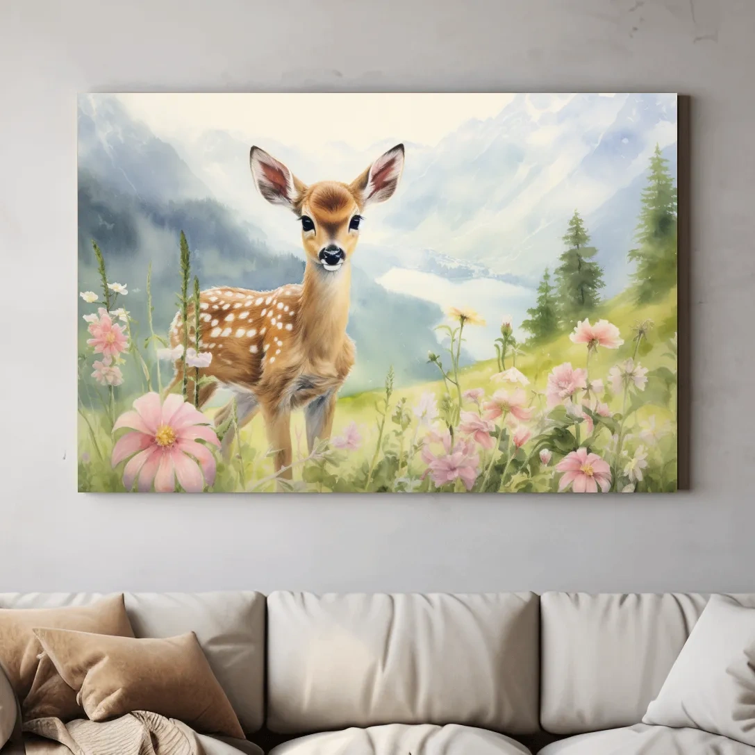 Painting of a deer fawn in the alpine meadows