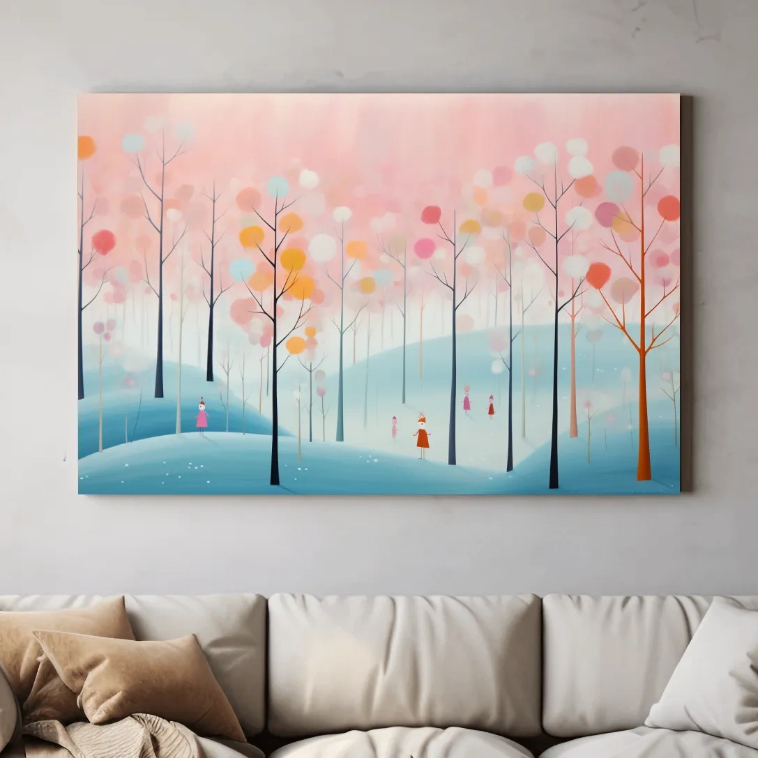 Quirky illustration artwork of a pastel forest