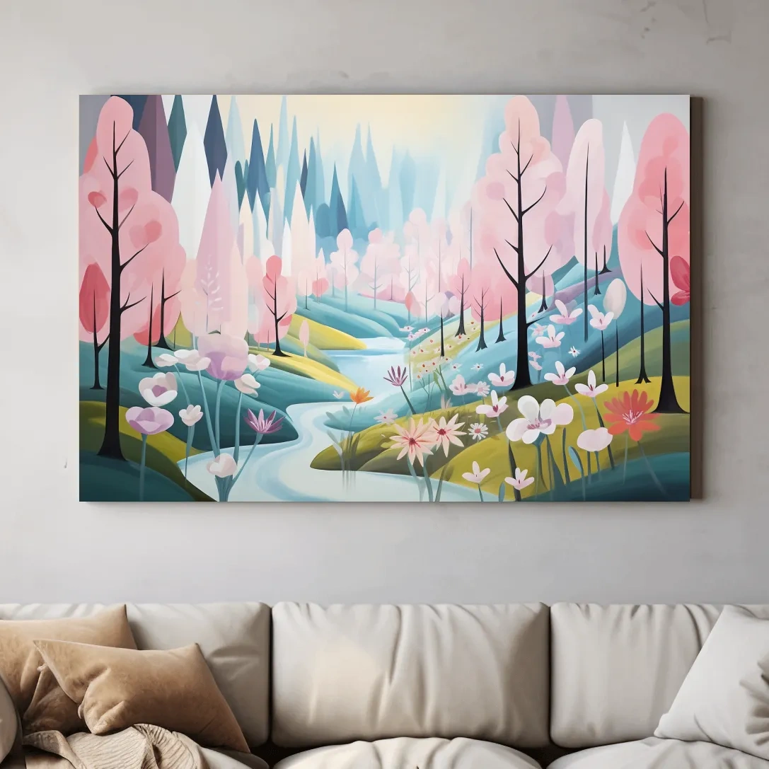 Dreamy painting of a pink blossom forest