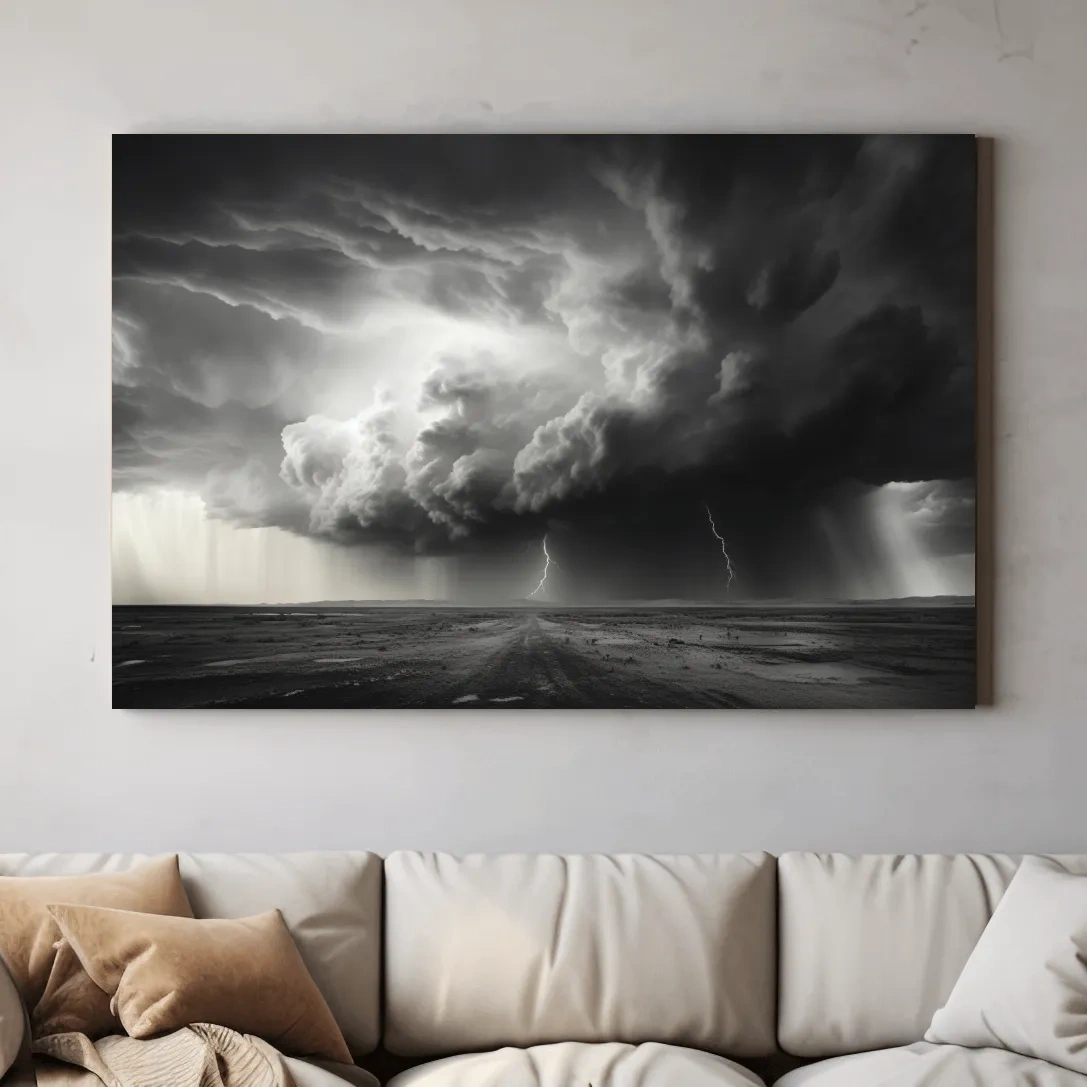 Moody Monochrome Thunderstorm Lightning Landscape - Dramatic Storm Cloud Wall Art