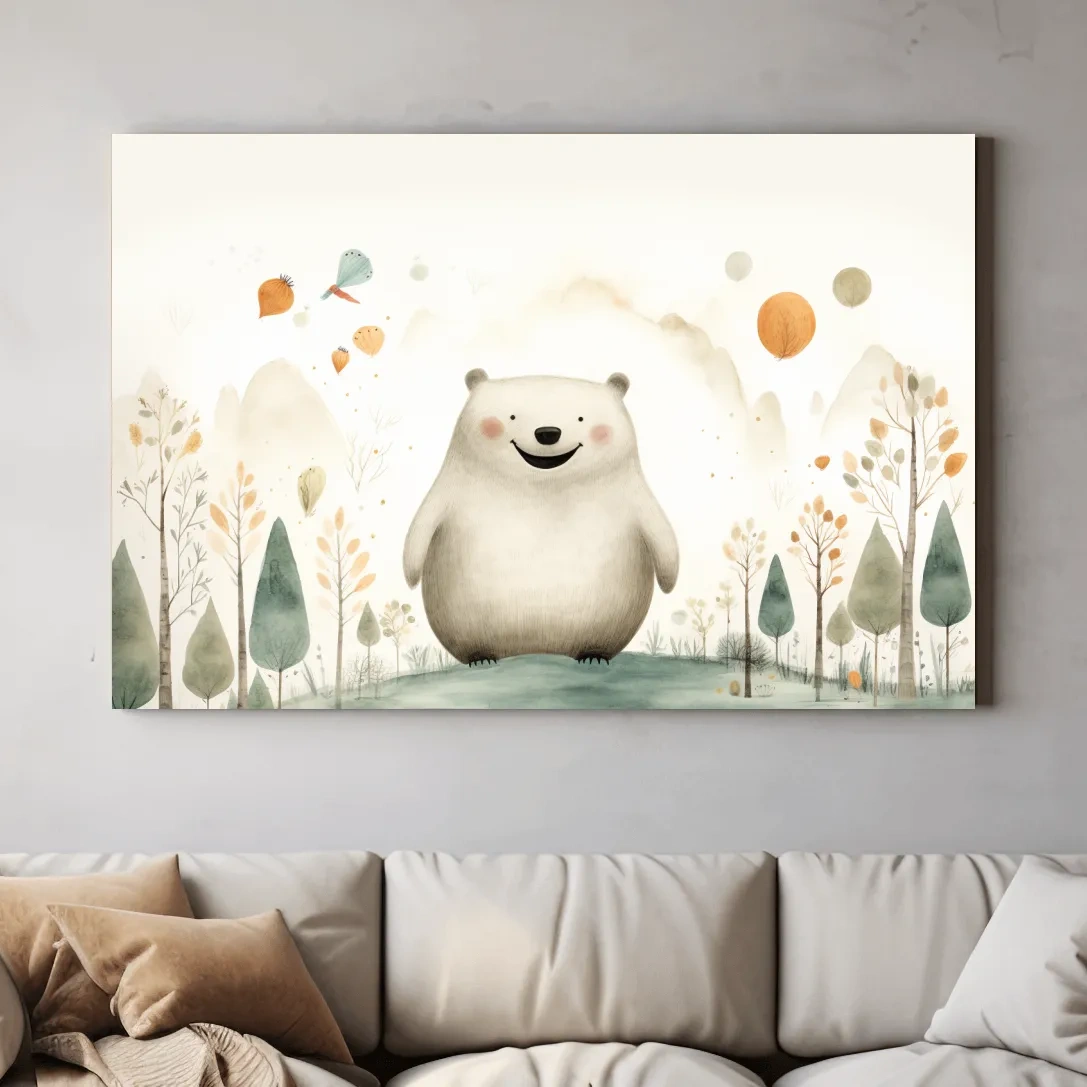 Storybook nursery art, happy bear in the forest