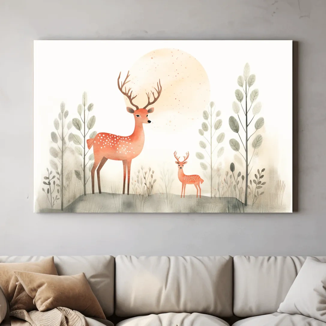 Storybook childrens illustration art, cute deer family in the forest, nursery wall art