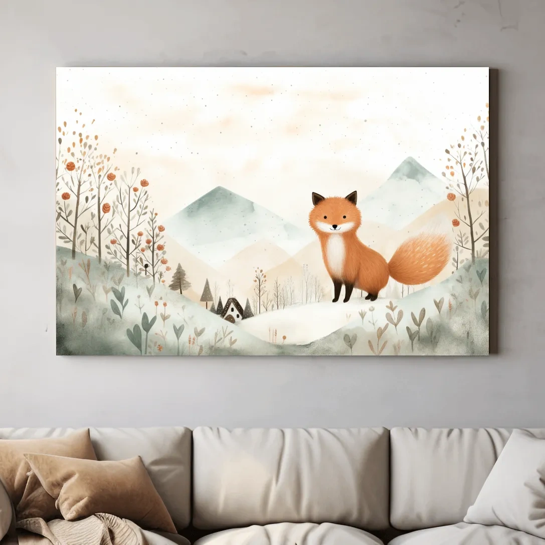 Whimsical Watercolor Fox In Pastel Mountains - Cute Nursery Animal Wall Art