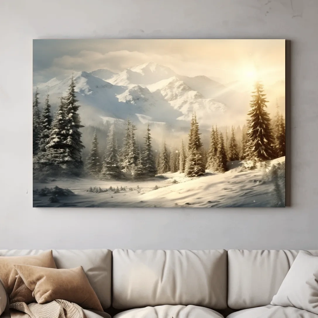 Golden Sunrise Snowy Mountain Landscape - Serene Winter Pine Forest Wall Art