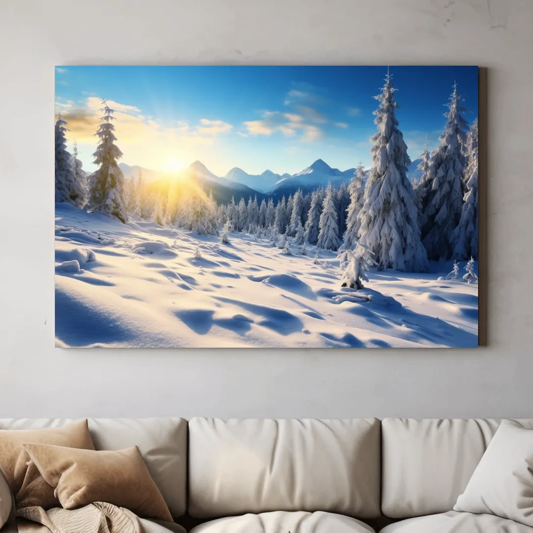 Sunshine on the alpine snow forest, photography art