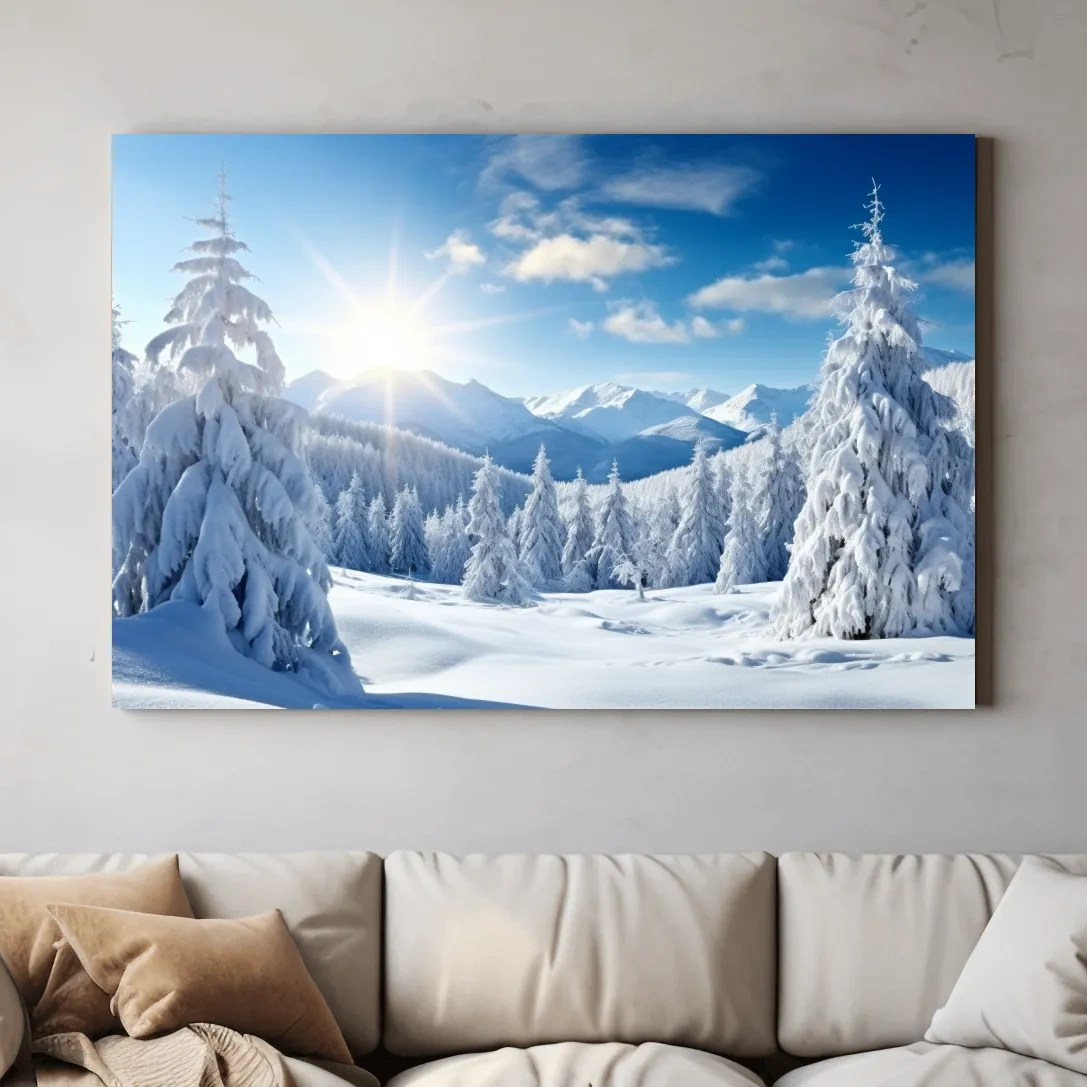 Sunlit Snowy Mountain Winter Landscape - Photographic Alpine Forest Wall Art
