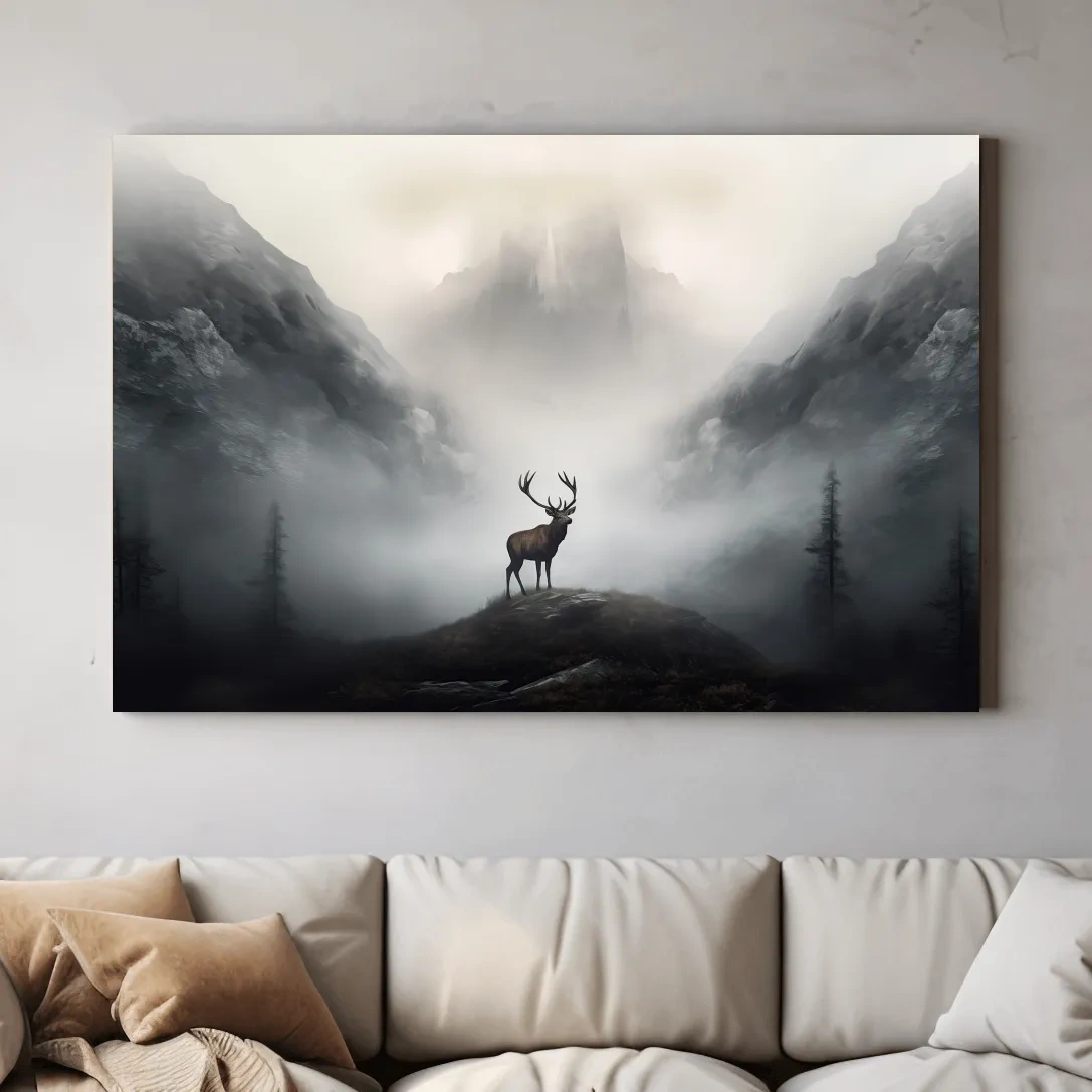 Painting of a majestic deer standing in the fog