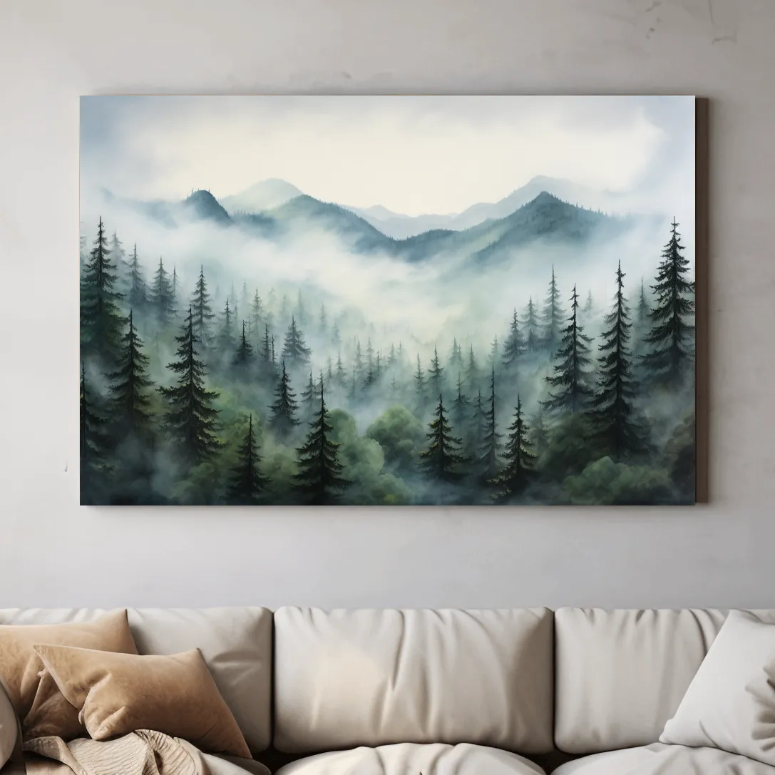 Painting of fog rolling through the trees and mountains