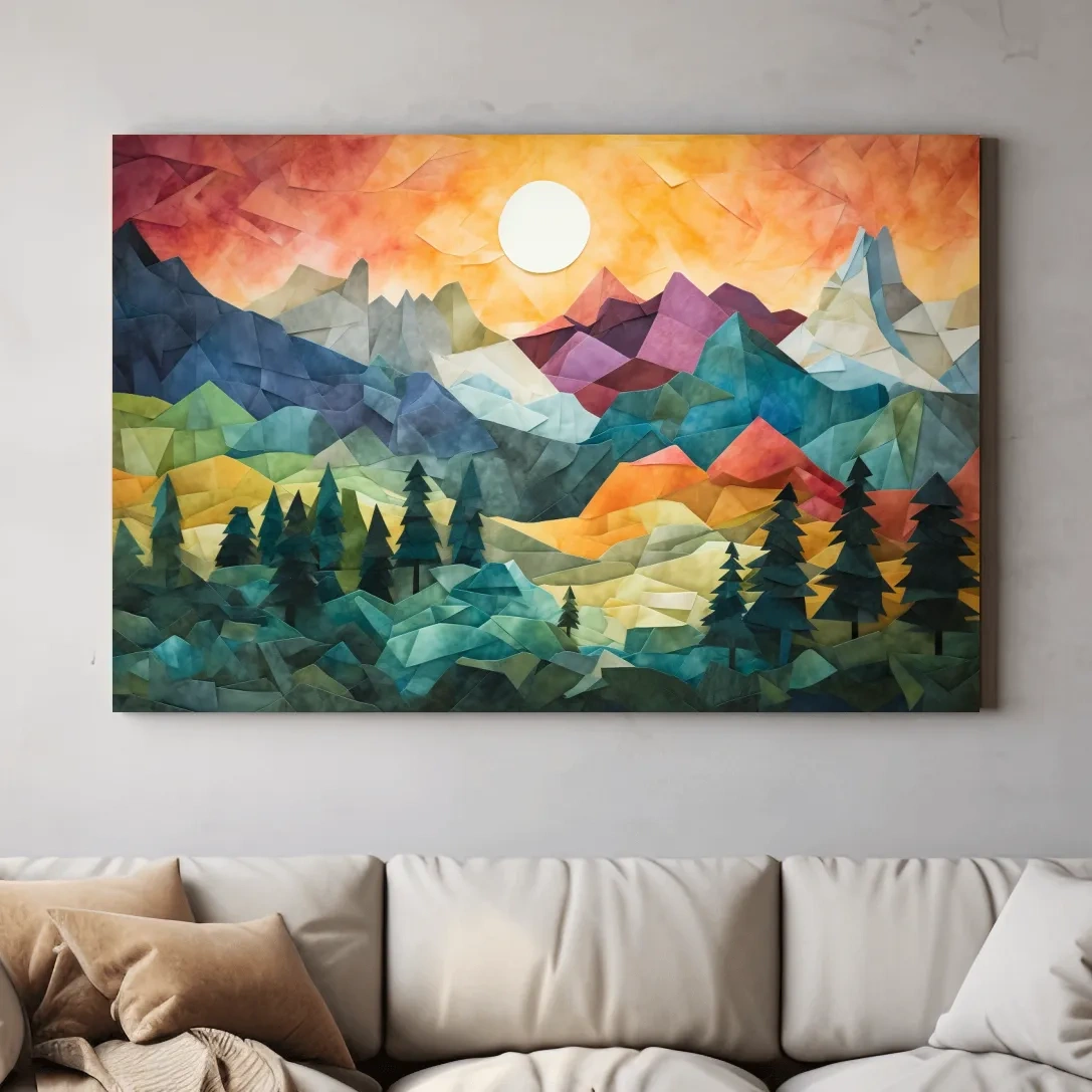 Abstract alpine mountain art at sunset, mixed media patchwork style