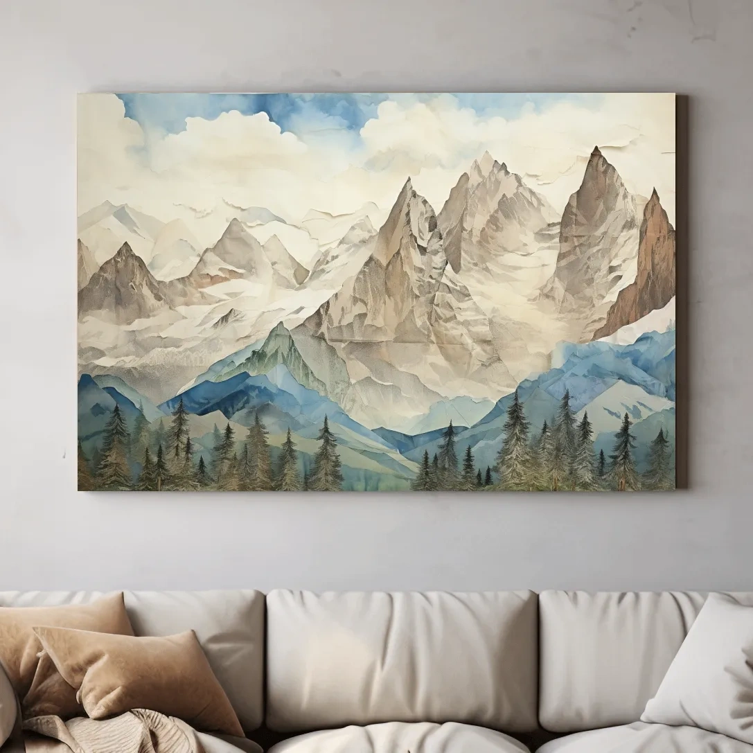 Glacier alpine forest artwork, textured effect mixed-media style wall art