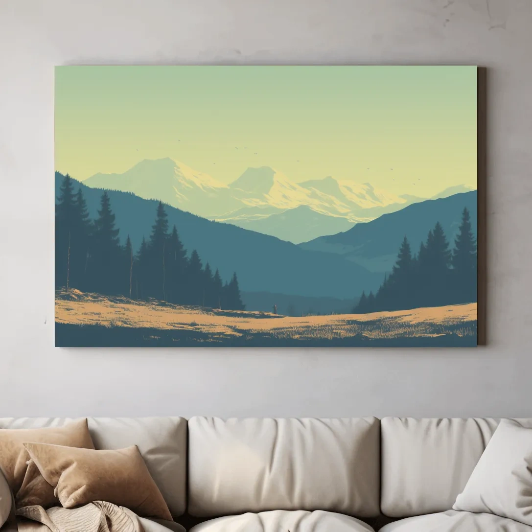 Pacific North West hazy glacier mountain scene, postcard style vector artwork