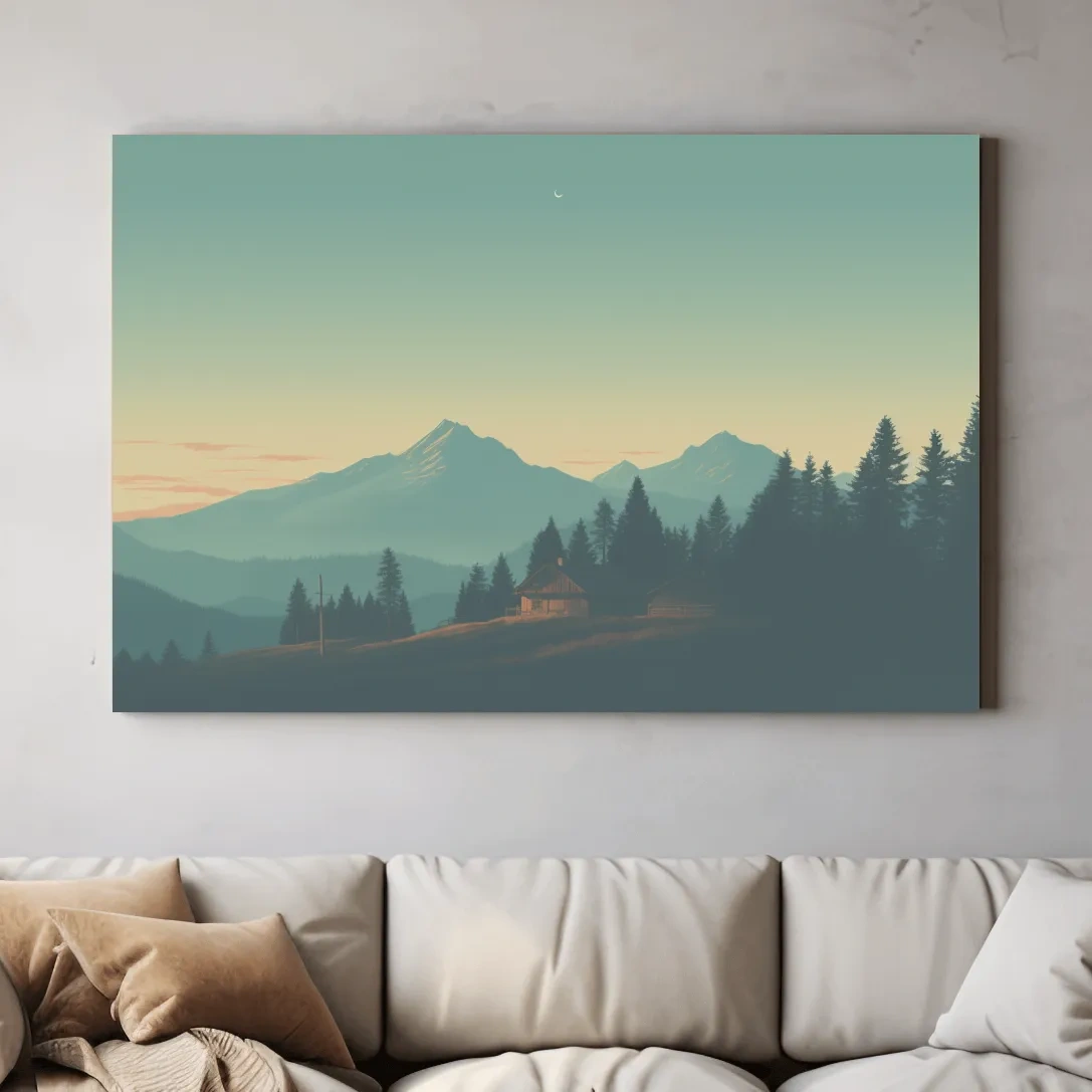 Hazy Alpine Cabin Mountain Sunset - Serene Vintage Landscape Wall Art