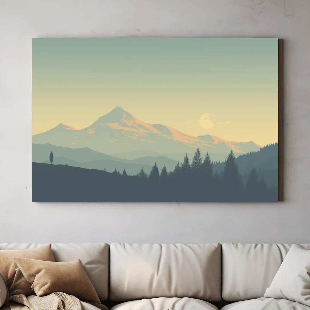 Dusk over the glacier, hazy forest silhouette vector illustration