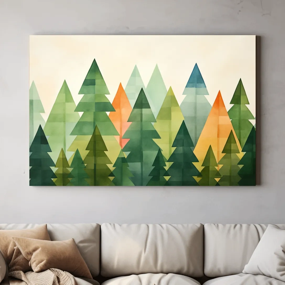 Geometric Watercolor Pine Forest Landscape - Modern Scandinavian Nature Wall Art
