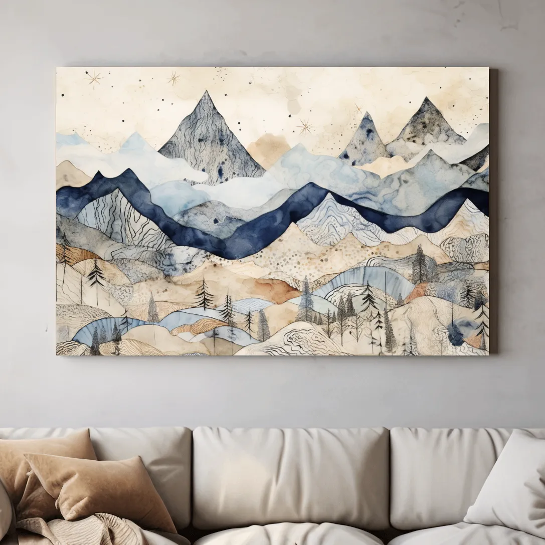 Surreal alpine mountain landscape art, patchwork style artwork