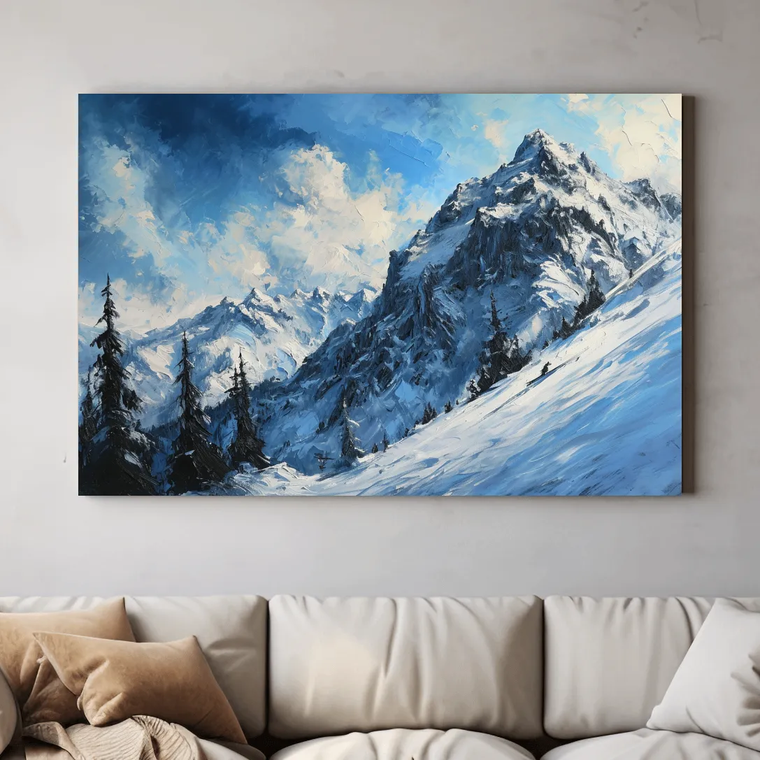Textured oil painting of alpine snowy mountain