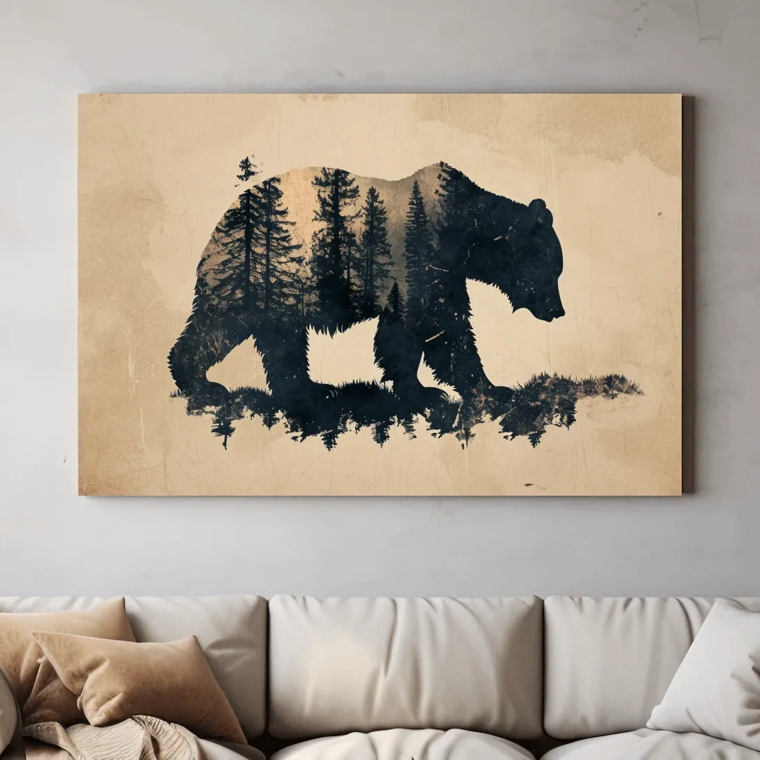 Vintage Grizzly Bear Forest Silhouette - Rustic Sepia Double Exposure Wildlife Wall Art