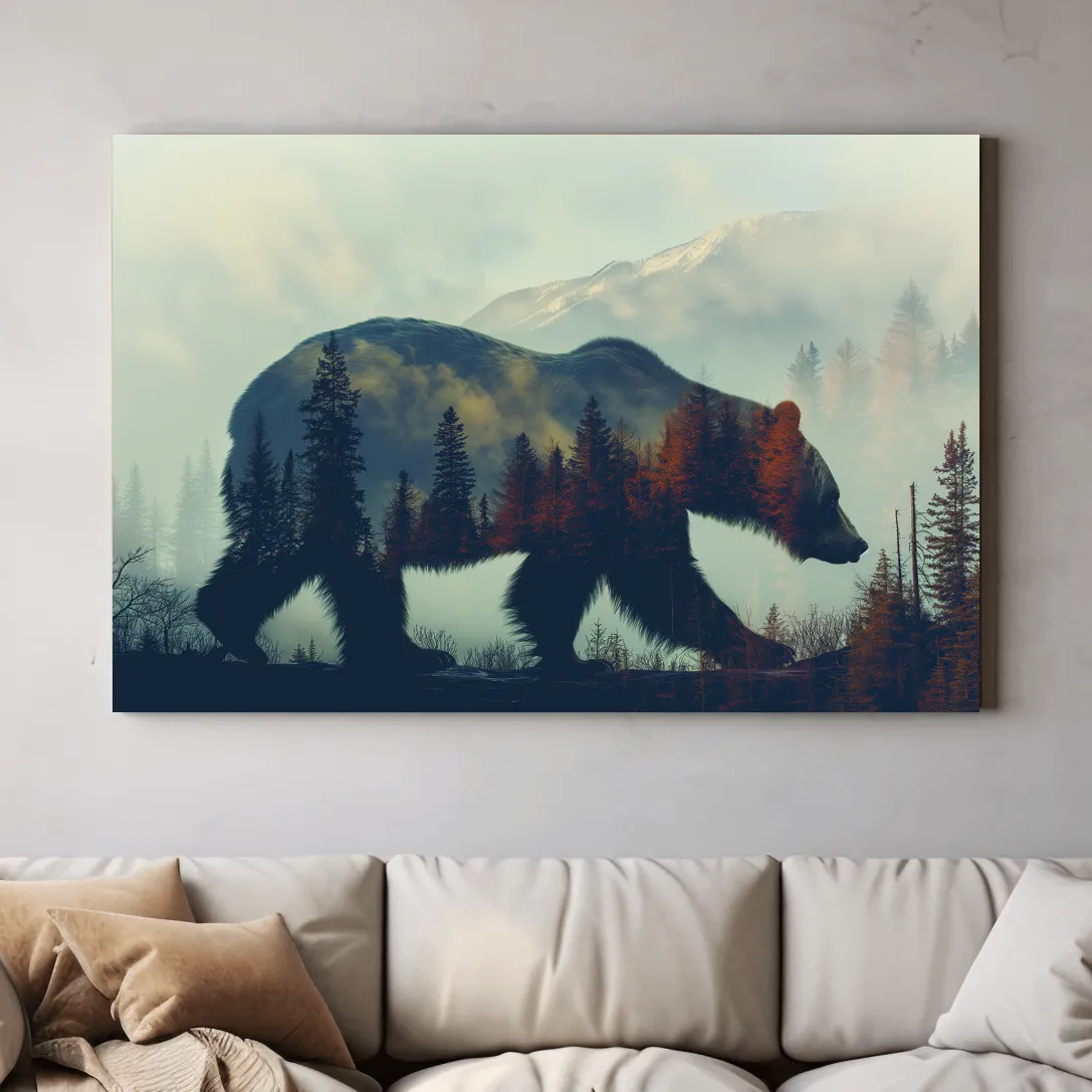 Moody Double Exposure Grizzly Bear Silhouette - Misty Pine Forest Mountain Wall Art