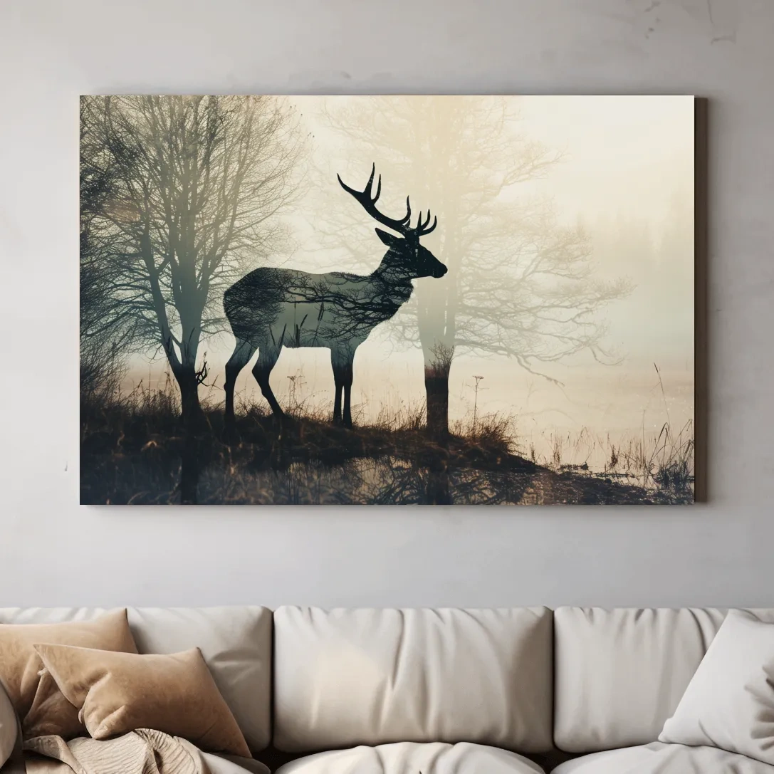 Double exposure photographic artwork of a deer silhouette in the forest