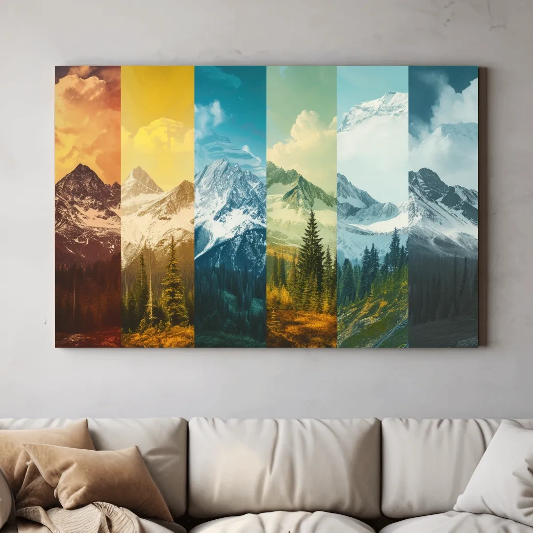 Changing of seasons, alpine forest and glacier art, split panel artwork