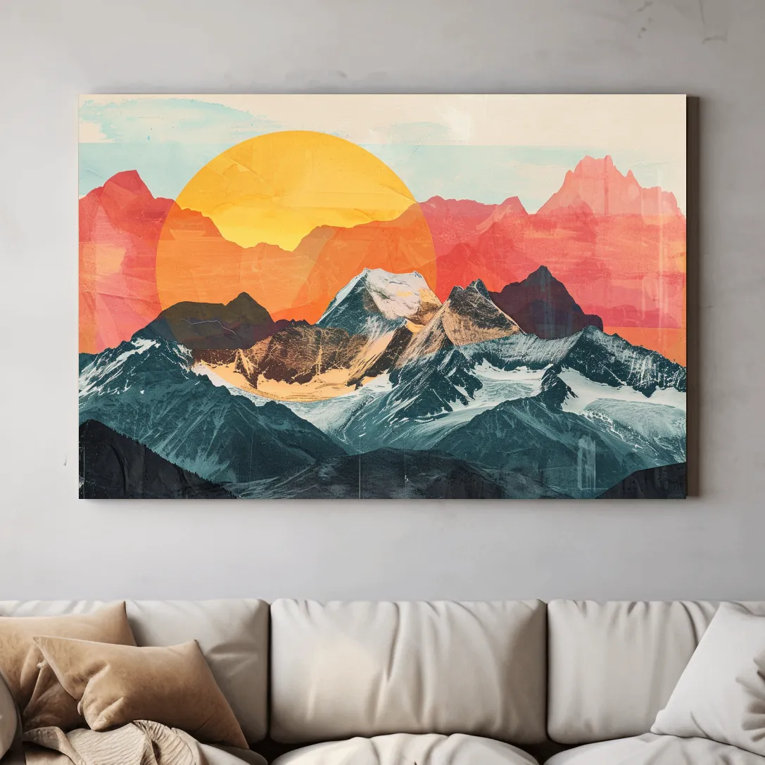 Print collage style abstract mountain artwork