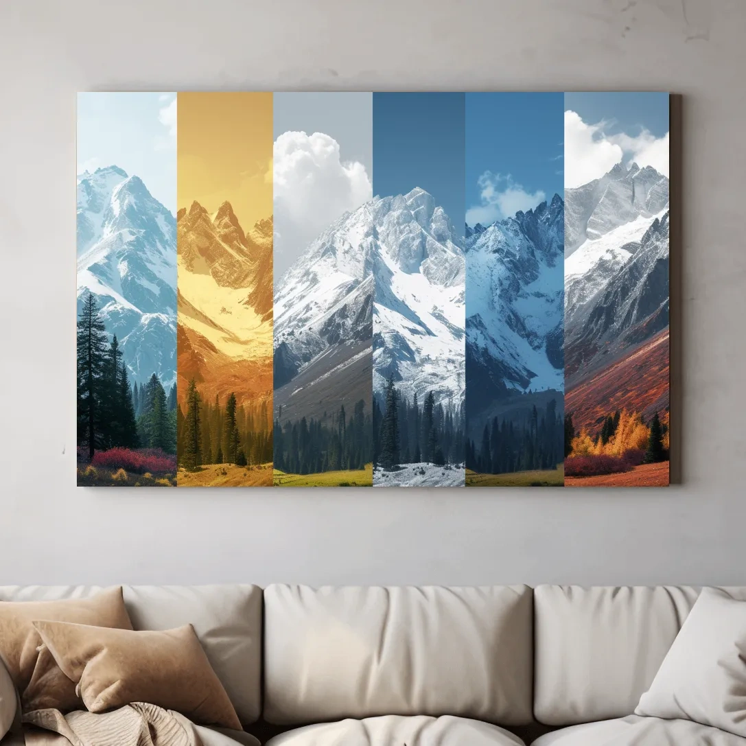 Alpine mountain artwork, forest and glacier, split panel changing of seasons inspired