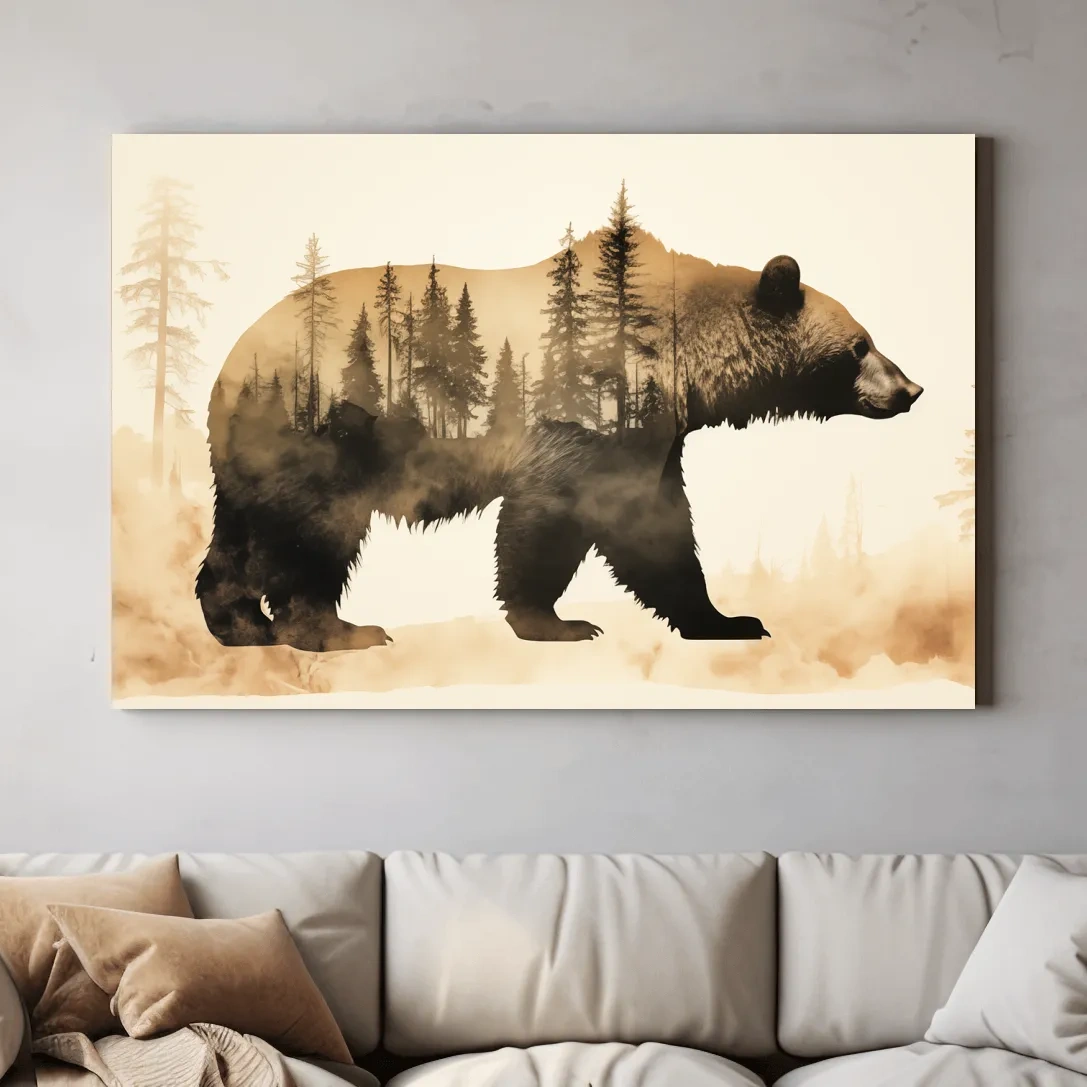 Double exposure vintage style artwork, a grizzly bear and a forest