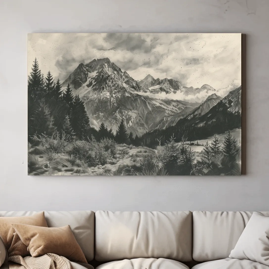 Monochrome Alpine Meadows Mountain Range - Vintage Sketch Landscape Wall Art