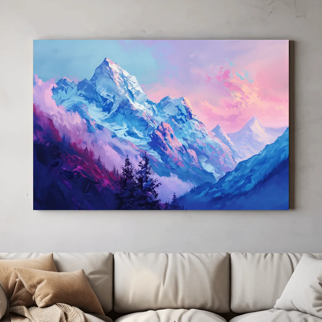 Vibrant Impressionism Alpine Mountain Painting - Colorful Snowy Peaks Wall Art