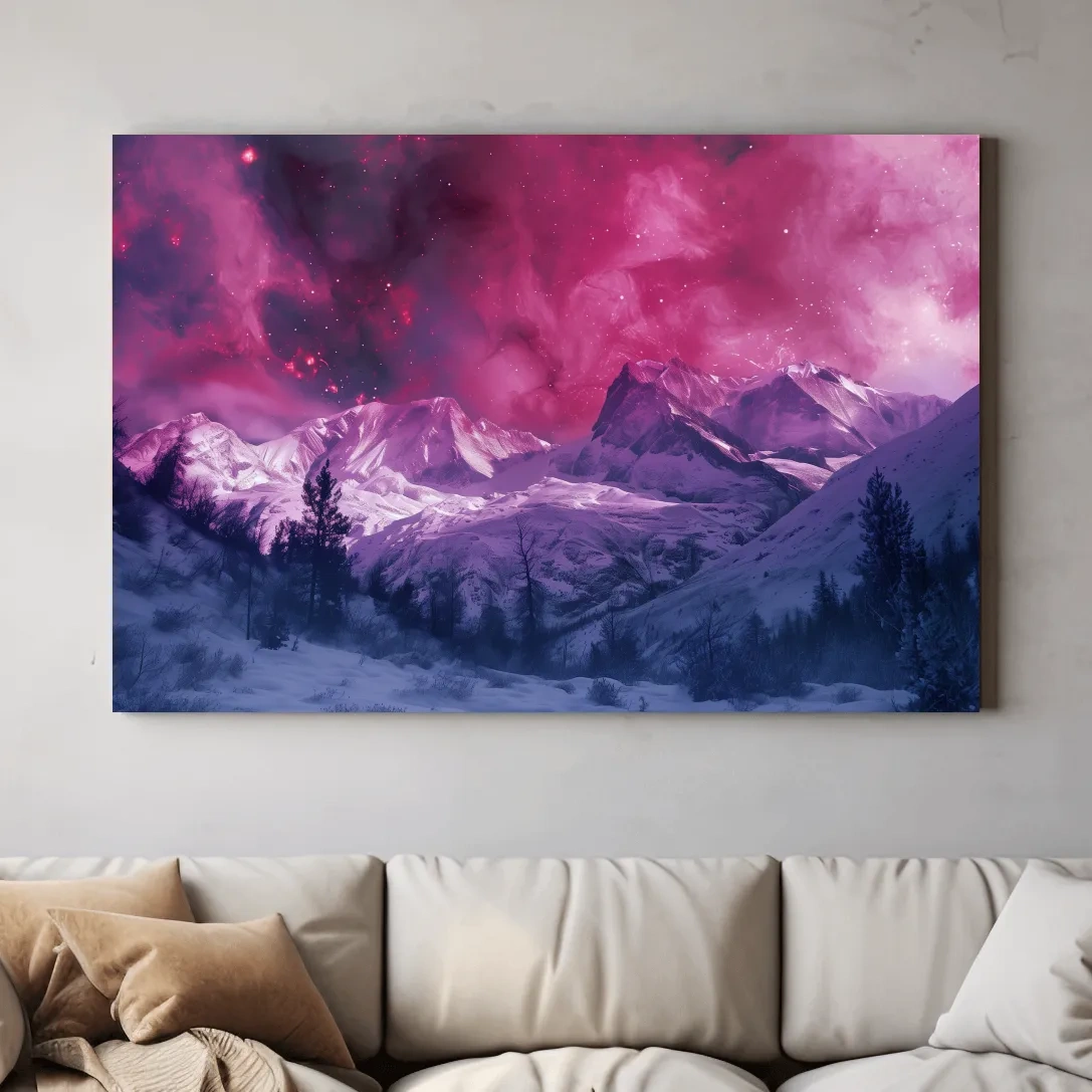 Beautiful pink and purple nebula galaxy sky over snowy glacier mountains, surreal fantasy art style