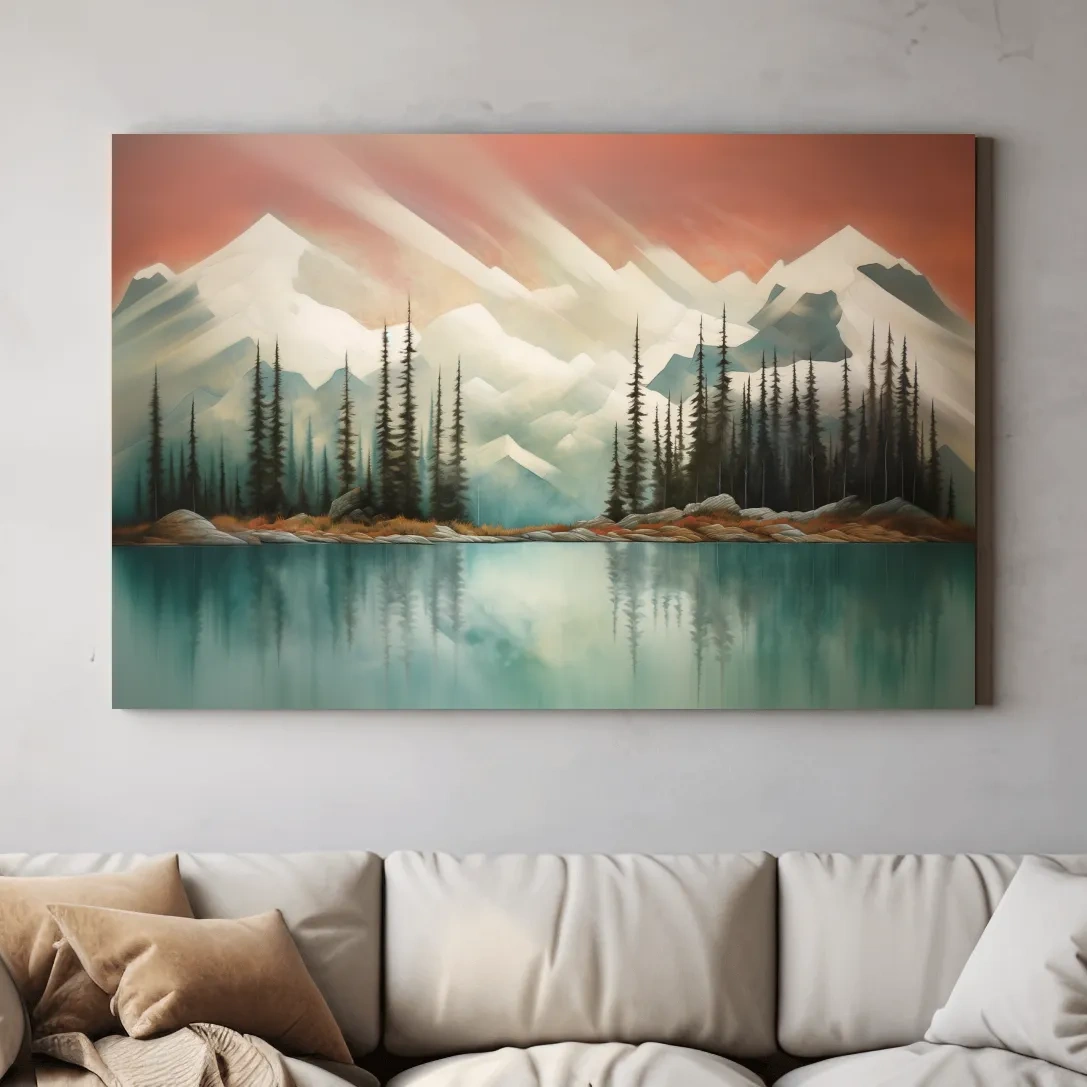 Abstract Alpine Lake Landscape Painting - Serene Pine Forest Mountain Wall Art