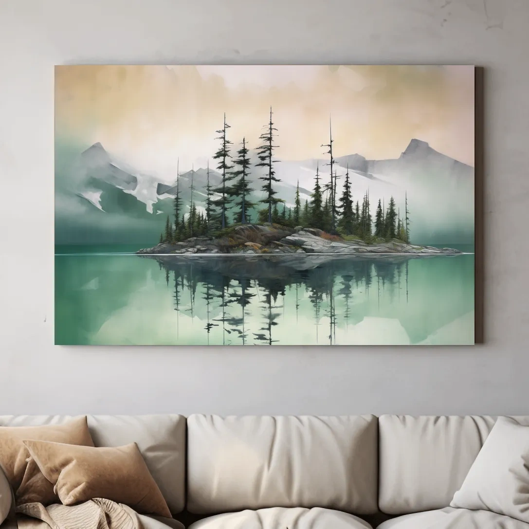 Trees on a turquoise alpine lake, mountain painting